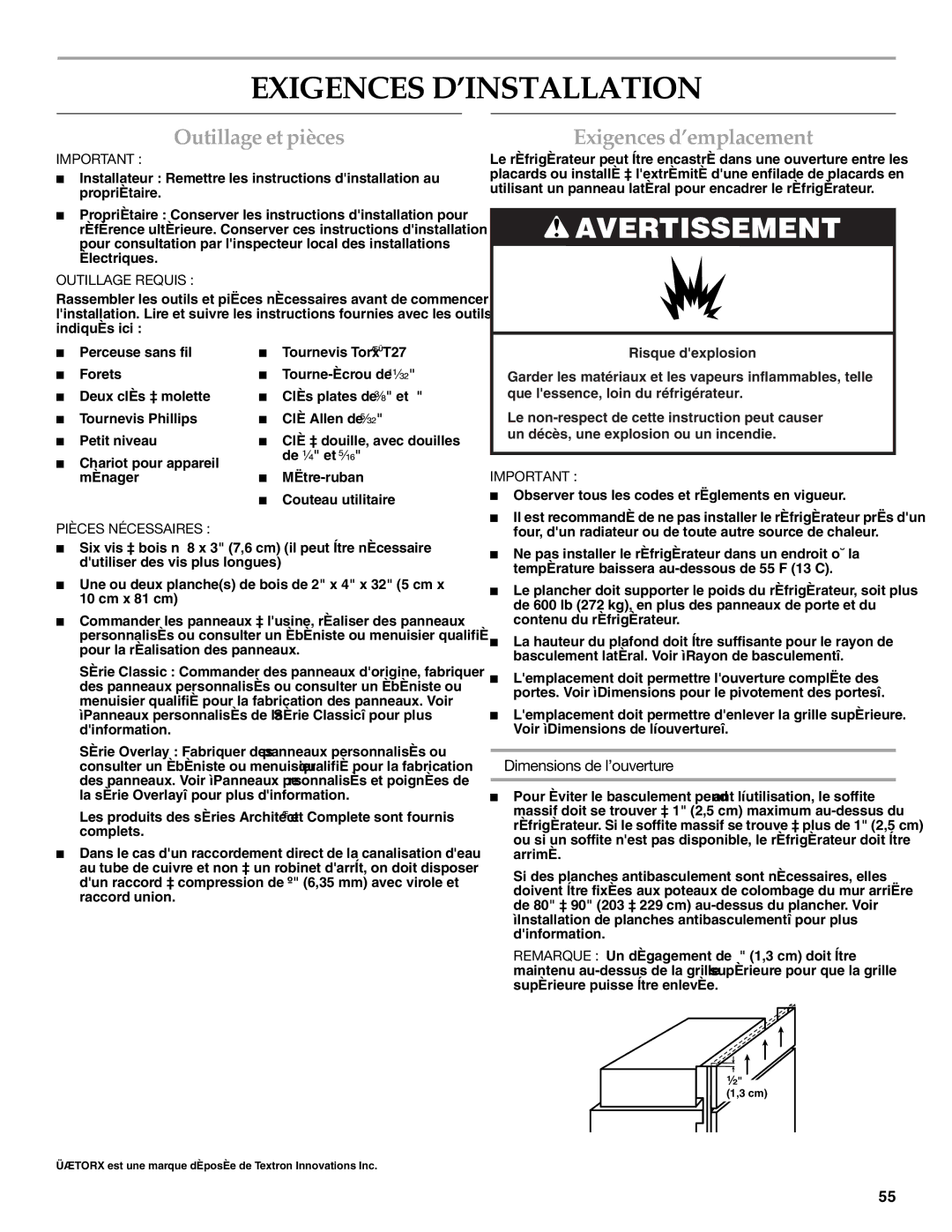 KitchenAid 2316565C Exigences D’INSTALLATION, Outillage et pièces, Exigences d’emplacement, Dimensions de l’ouverture 