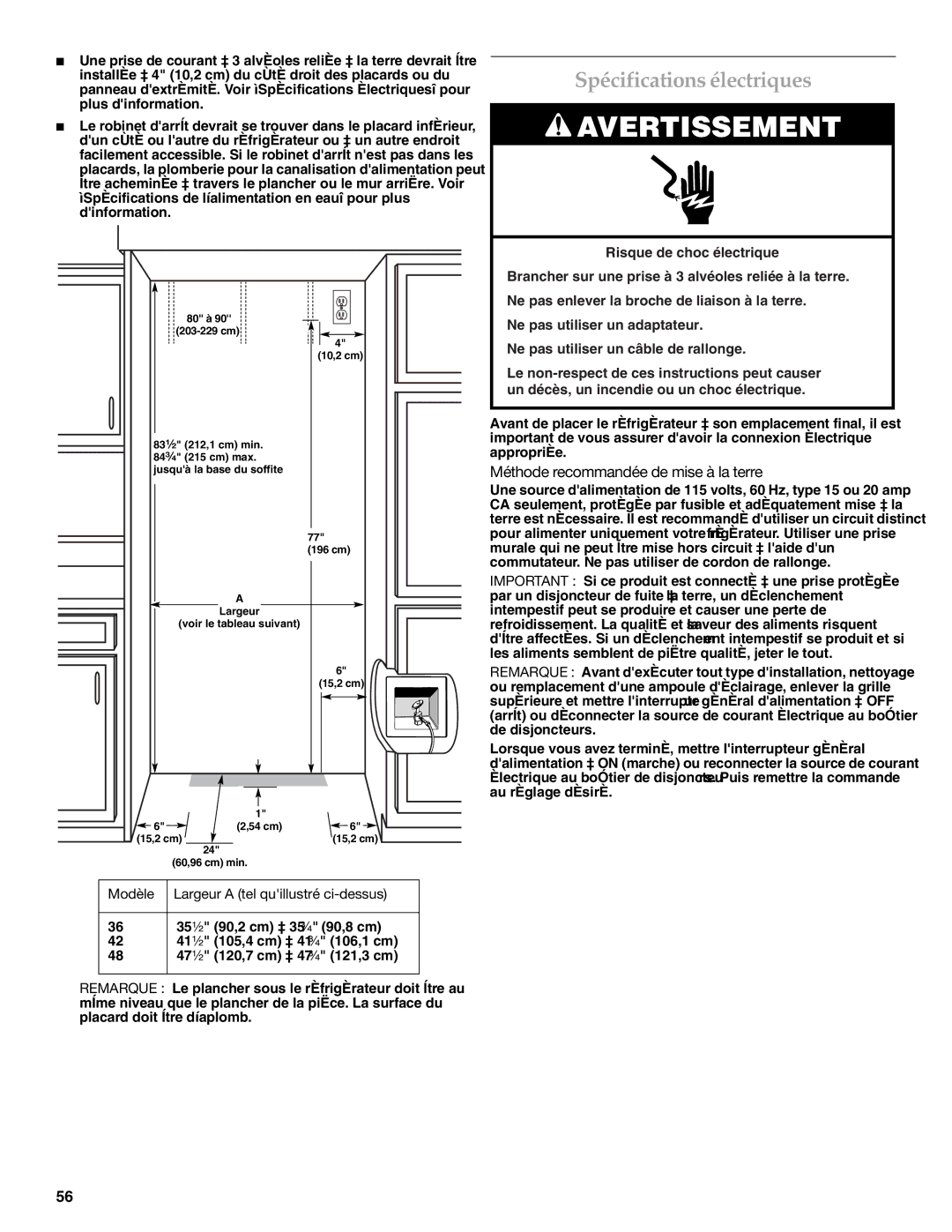 KitchenAid 2316565C manual Spécifications électriques, Méthode recommandée de mise à la terre 