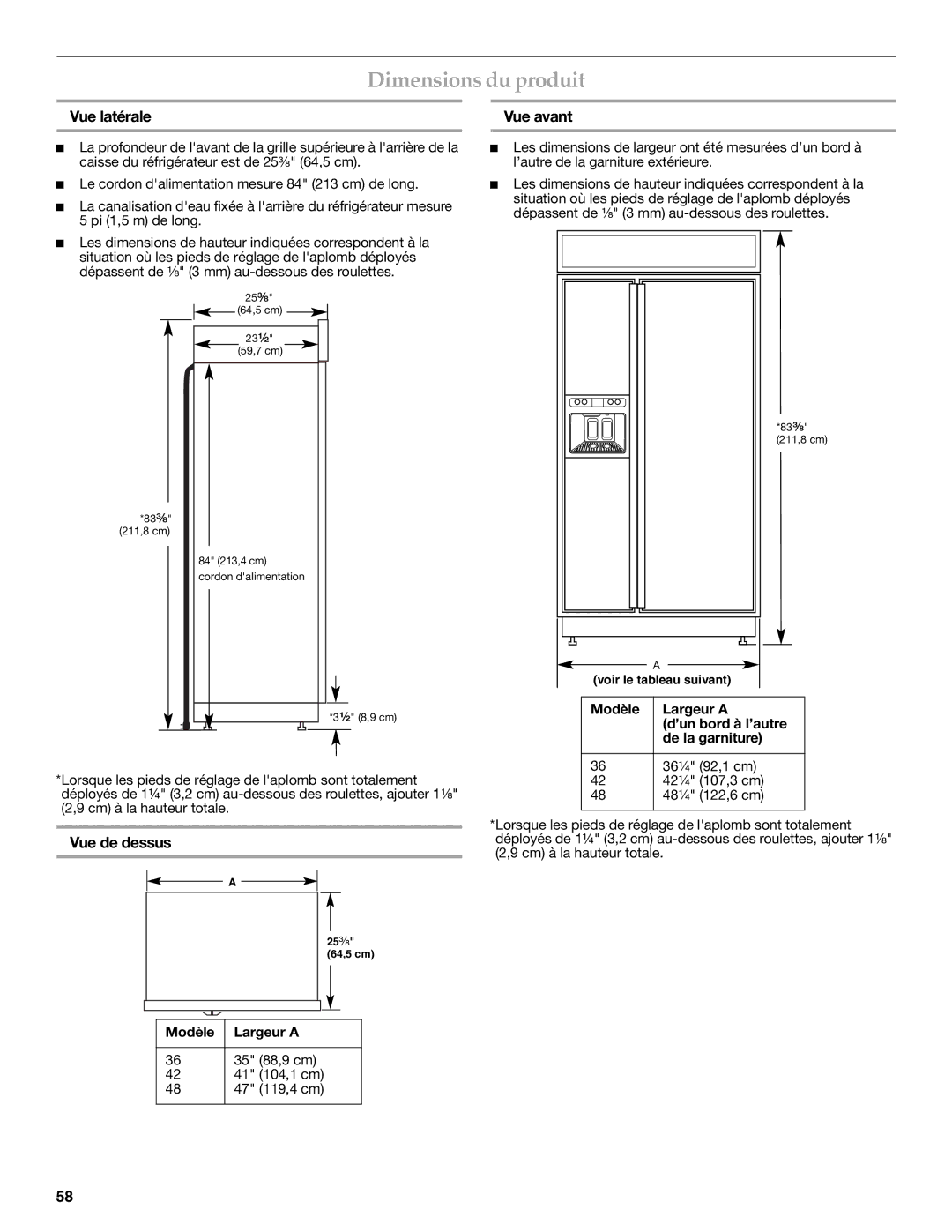 KitchenAid 2316565C manual Dimensions du produit, Vue latérale, Vue de dessus Vue avant, Modèle Largeur a 