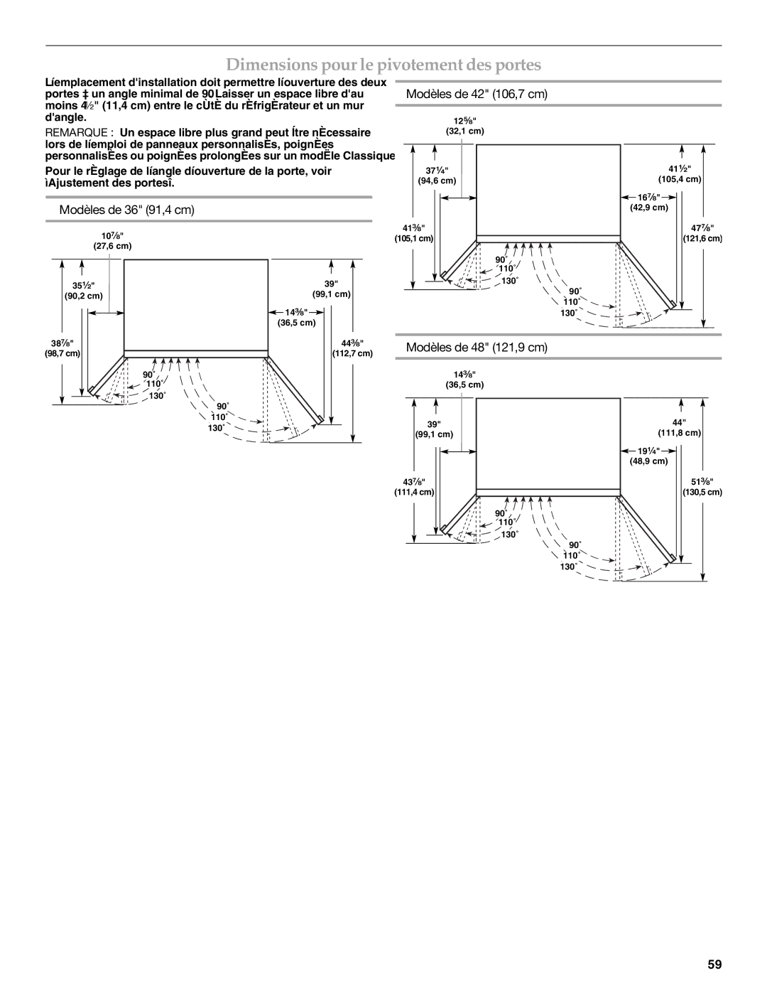 KitchenAid 2316565C manual Dimensions pour le pivotement des portes, Modèles de 36 91,4 cm, Modèles de 42 106,7 cm 