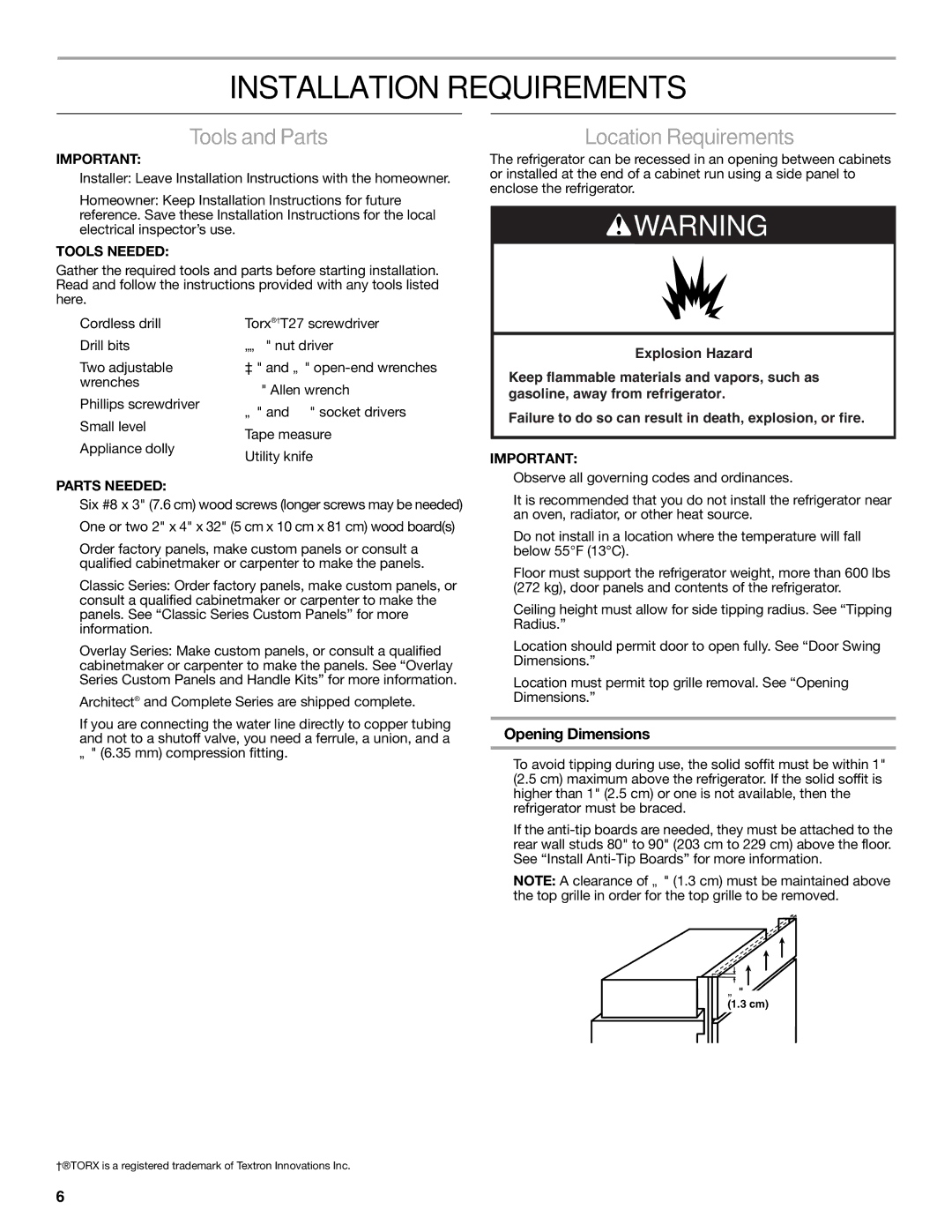 KitchenAid 2316565C manual Installation Requirements, Tools and Parts, Location Requirements, Opening Dimensions 