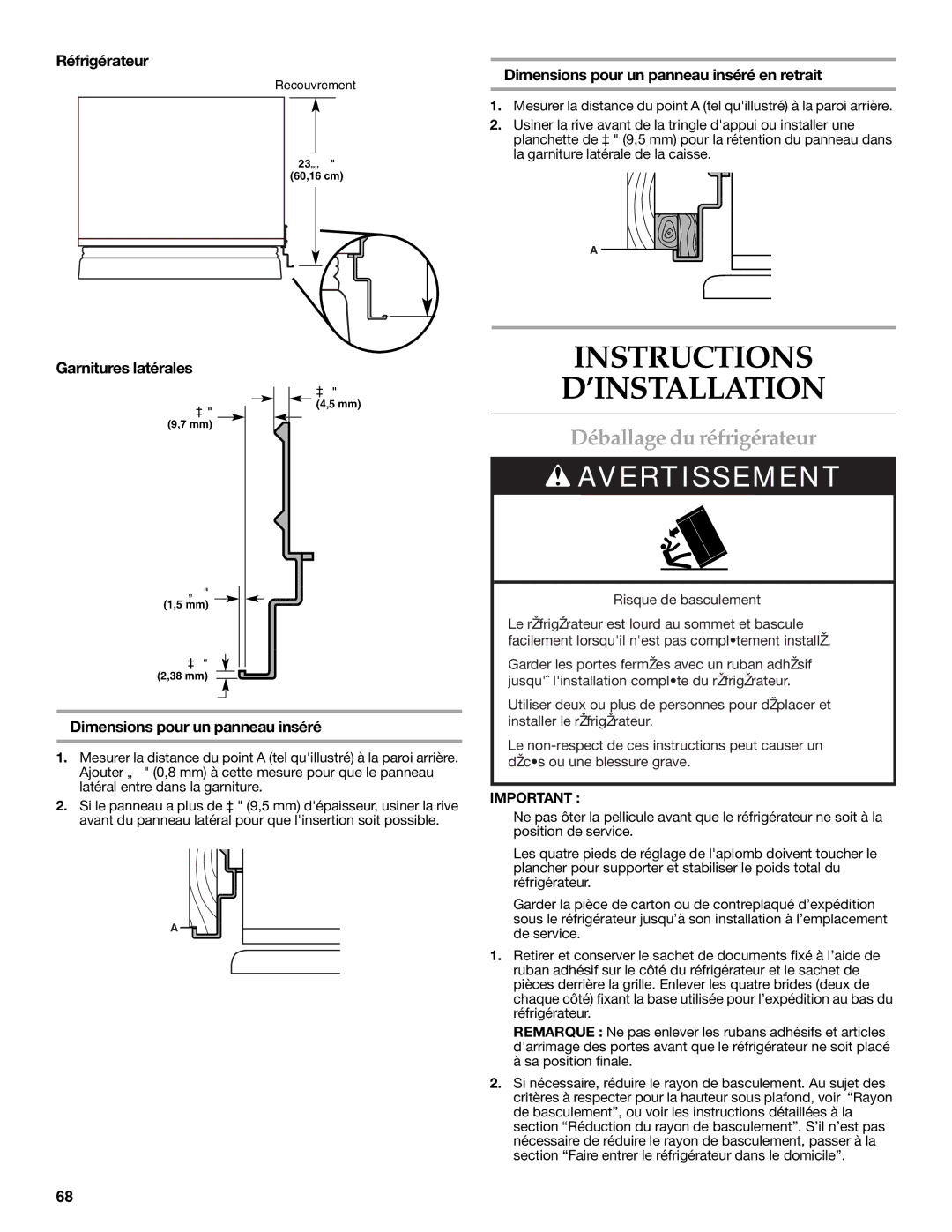 KitchenAid 2316565C manual Instructions D’INSTALLATION, Déballage du réfrigérateur 