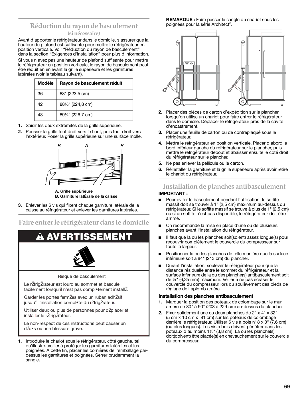 KitchenAid 2316565C manual Réduction du rayon de basculement, Faire entrer le réfrigérateur dans le domicile 