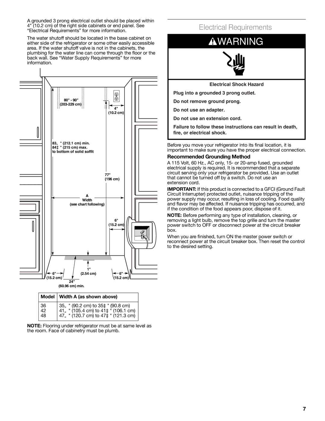 KitchenAid 2316565C manual Electrical Requirements, Recommended Grounding Method, Model Width a as shown above 