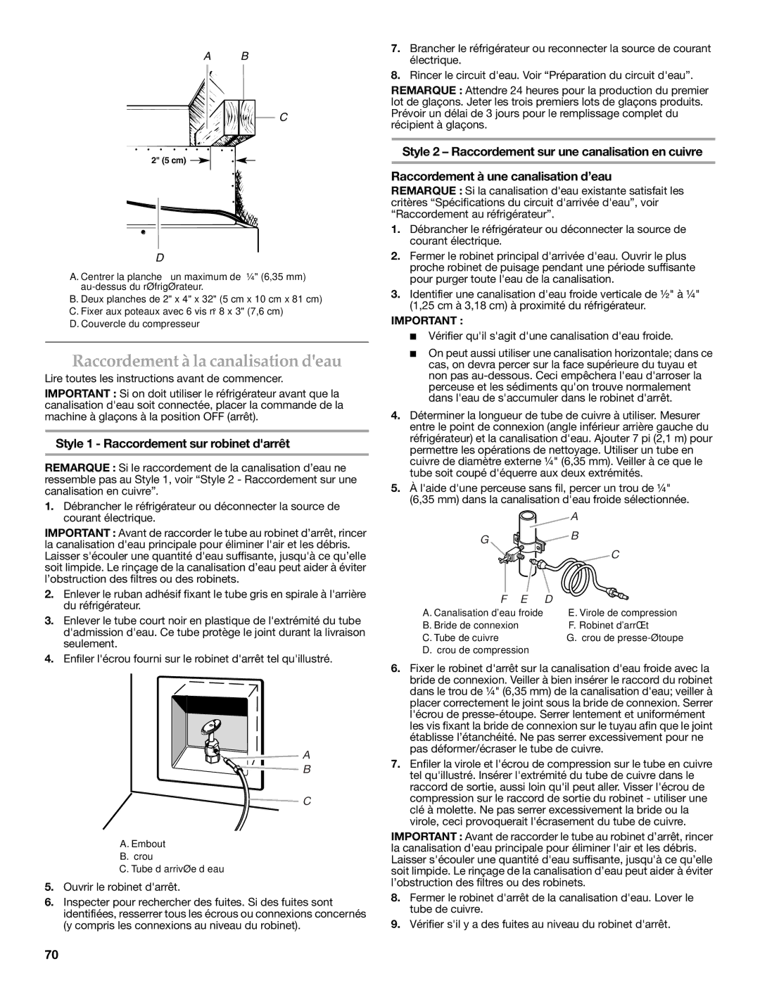 KitchenAid 2316565C manual Raccordement à la canalisation deau, Style 1 Raccordement sur robinet darrêt 