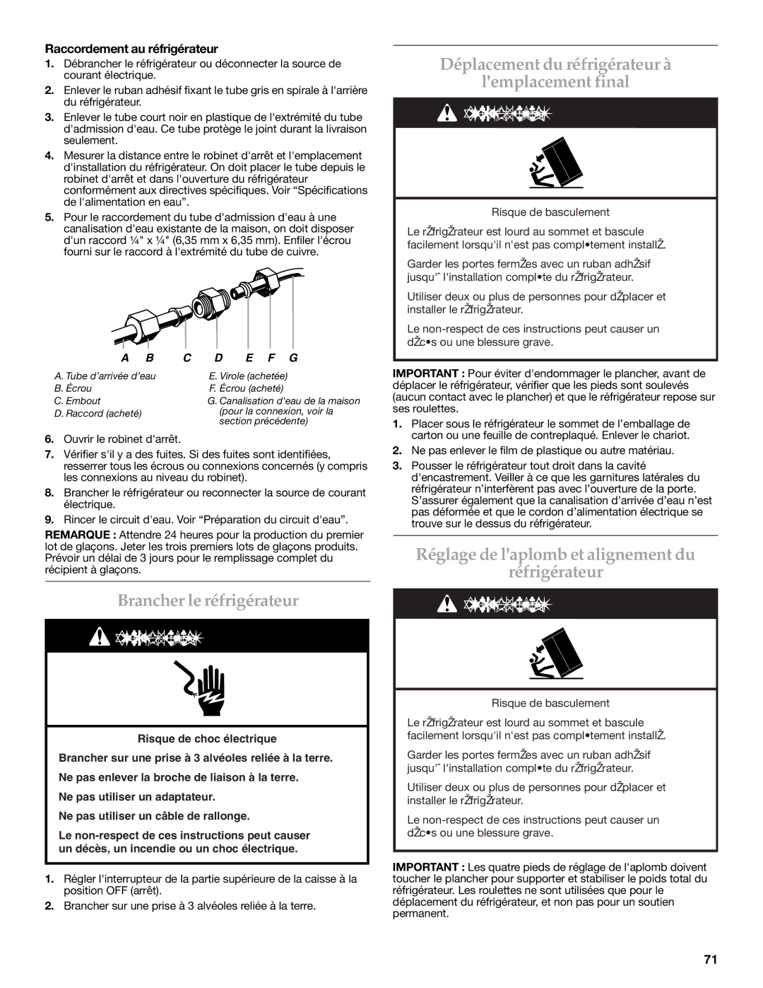 KitchenAid 2316565C manual Brancher le réfrigérateur, Déplacement du réfrigérateur à Lemplacement final 