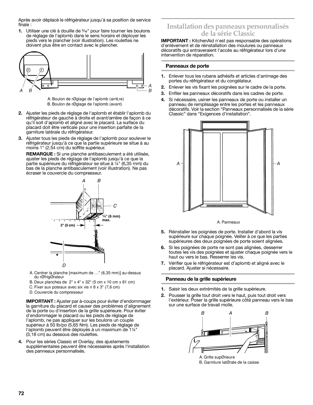 KitchenAid 2316565C manual Installation des panneaux personnalisés De la série Classic, Panneaux de porte 