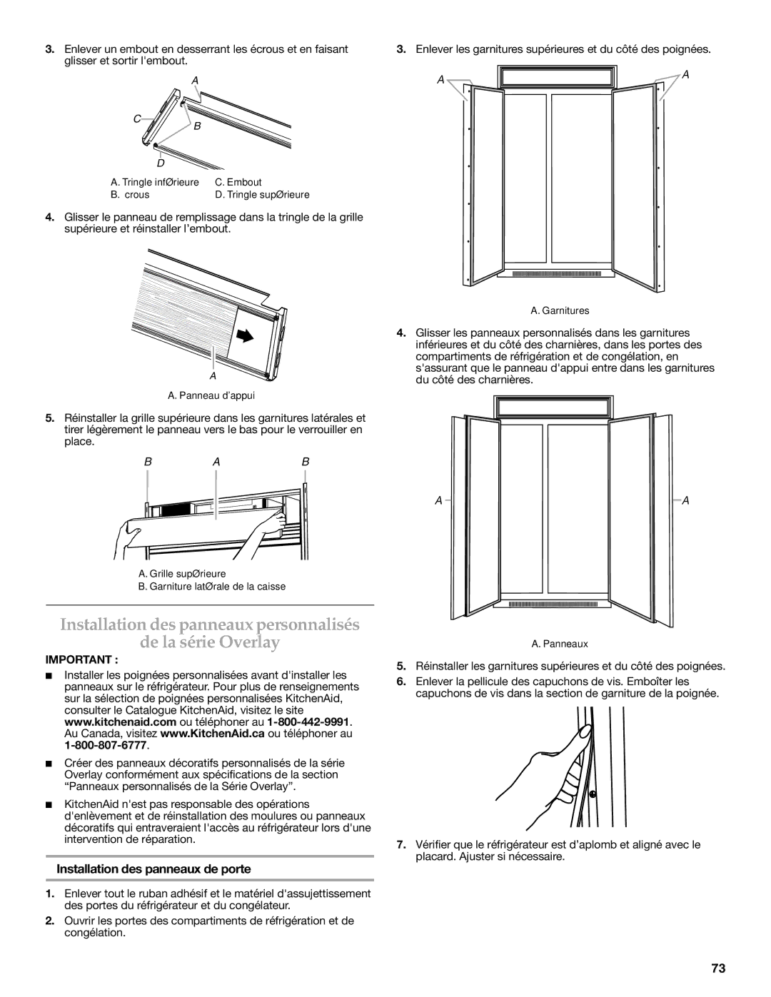 KitchenAid 2316565C manual Installation des panneaux personnalisés De la série Overlay, Installation des panneaux de porte 