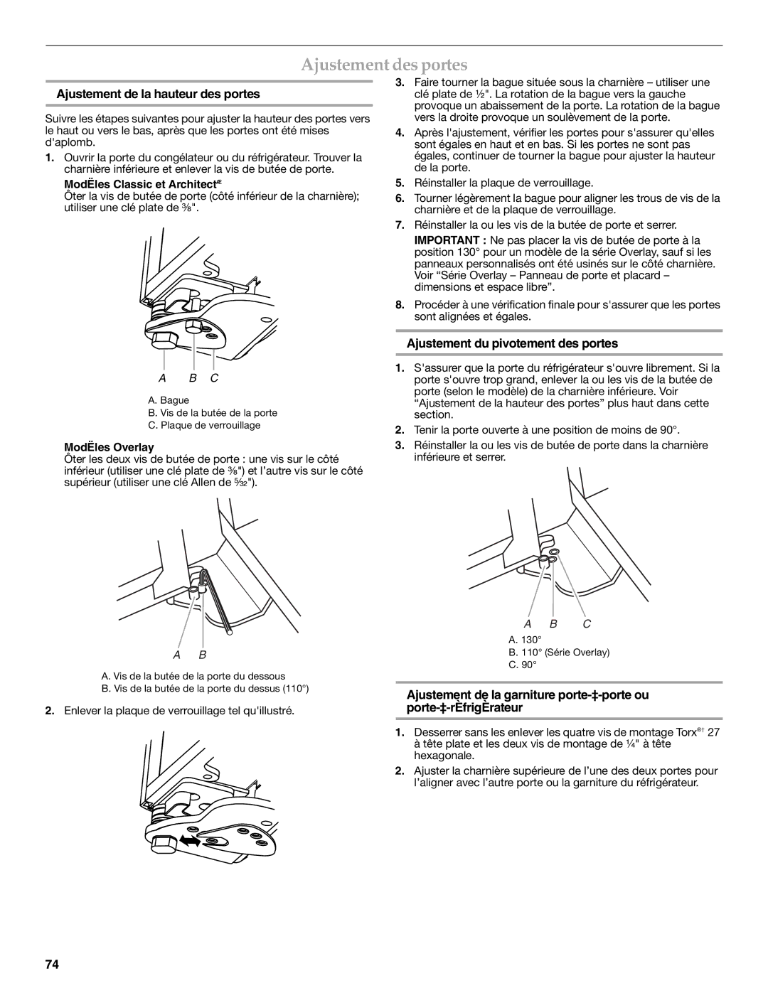 KitchenAid 2316565C manual Ajustement des portes, Ajustement de la hauteur des portes, Ajustement du pivotement des portes 