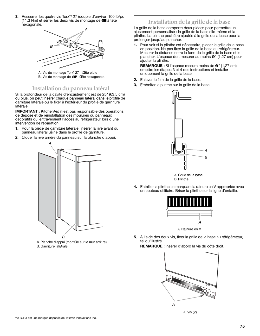 KitchenAid 2316565C manual Installation du panneau latéral, Installation de la grille de la base 