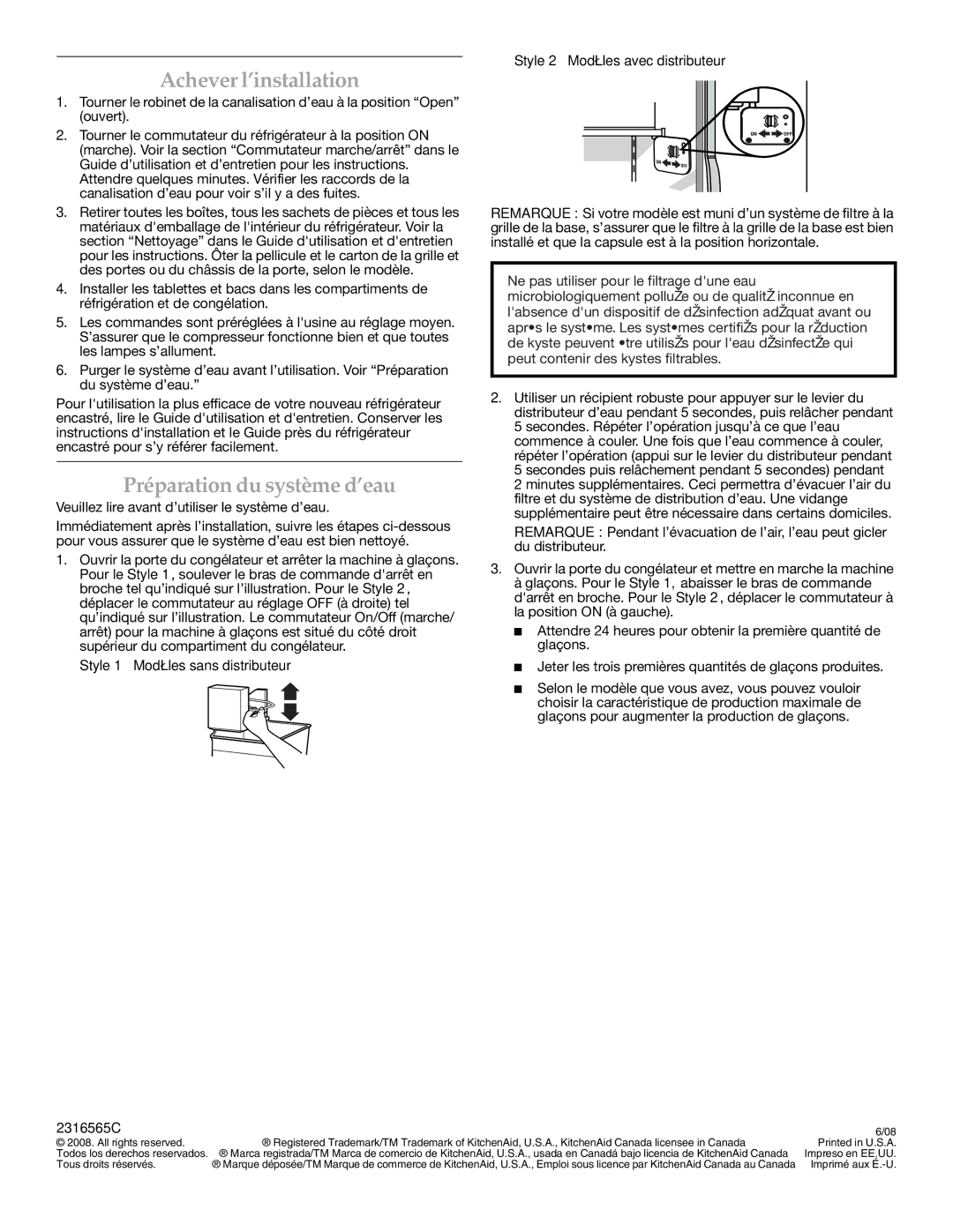 KitchenAid 2316565C Achever l’installation, Préparation du système d’eau, Veuillez lire avant d’utiliser le système d’eau 