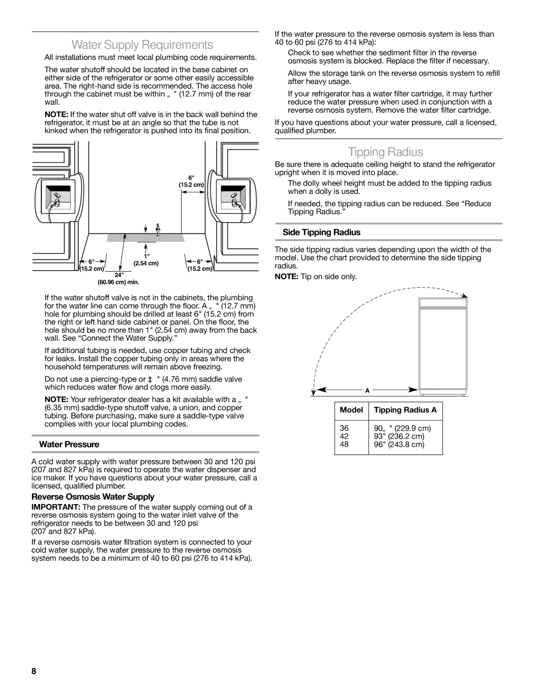 KitchenAid 2316565C manual Water Supply Requirements, Tipping Radius, Water Pressure, Reverse Osmosis Water Supply 