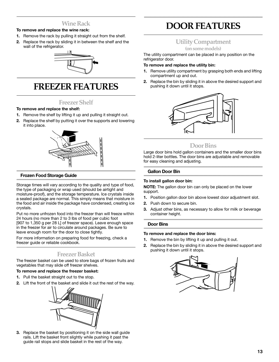 KitchenAid 2316571A manual Freezer Features, Door Features 