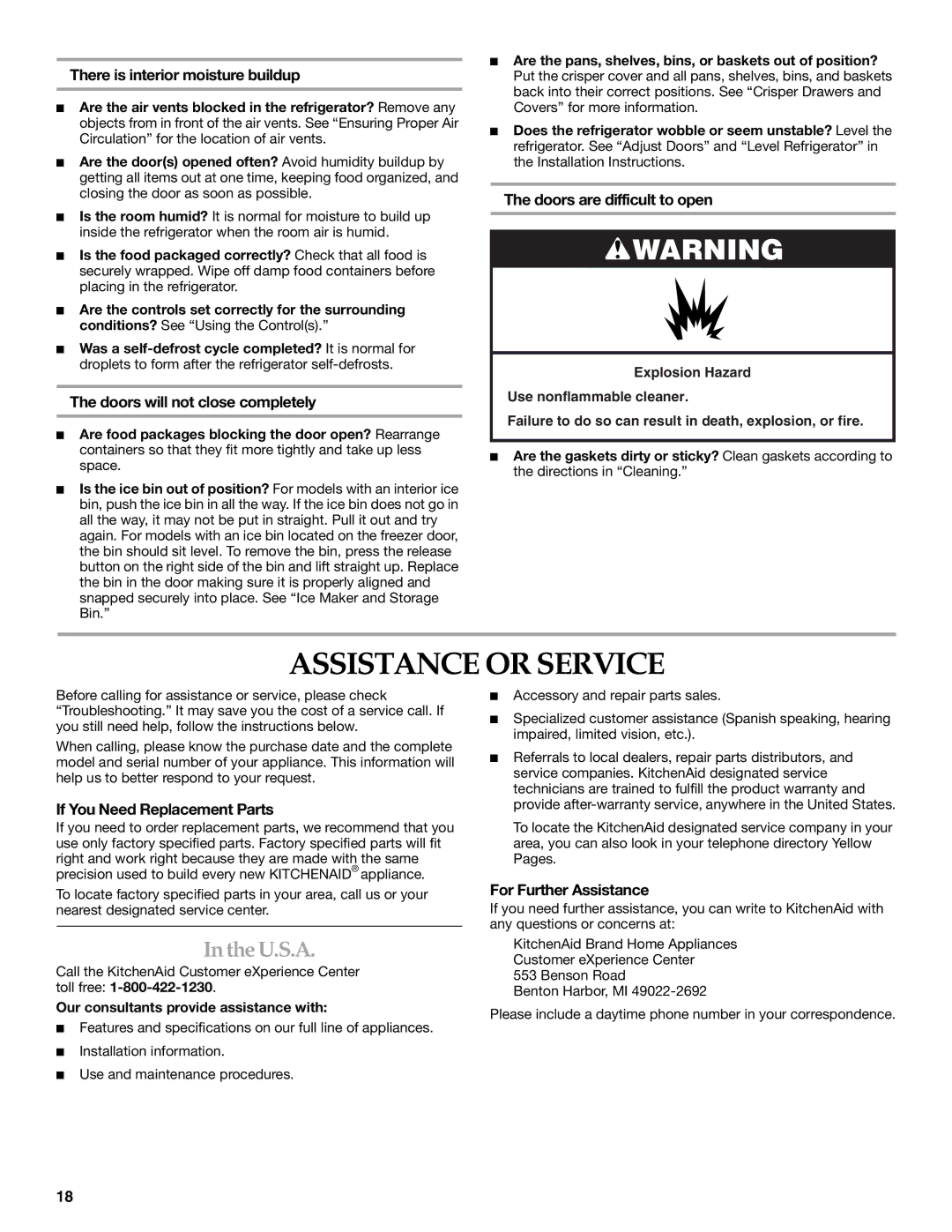 KitchenAid 2316571A manual Assistance or Service, U.S.A 