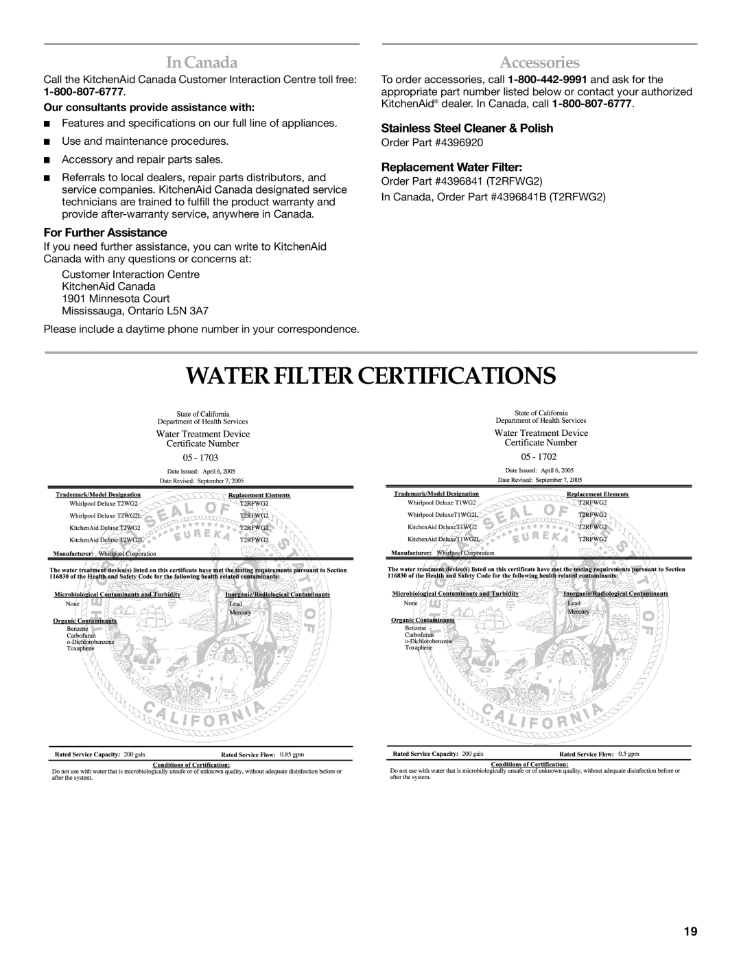 KitchenAid 2316571A manual Water Filter Certifications, Canada, Accessories, Stainless Steel Cleaner & Polish 