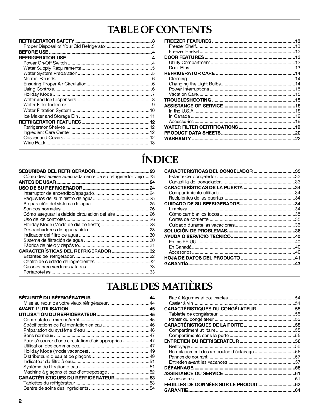 KitchenAid 2316571A manual Table of Contents, Índice, Table DES Matières 