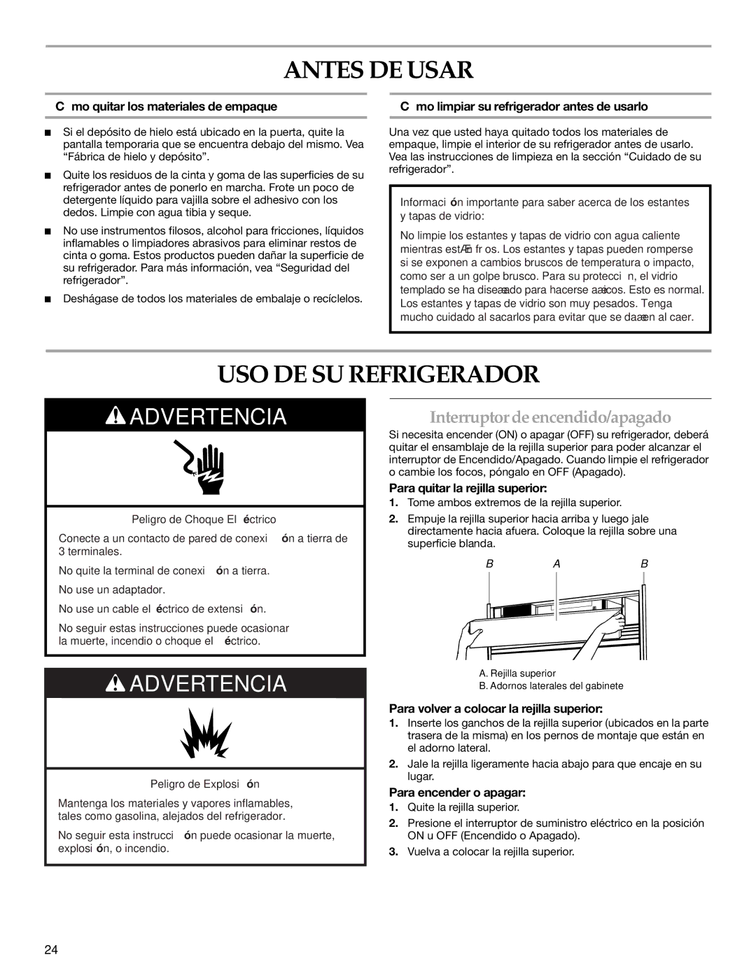 KitchenAid 2316571A manual Antes DE Usar, USO DE SU Refrigerador, Interruptor deencendido/apagado 