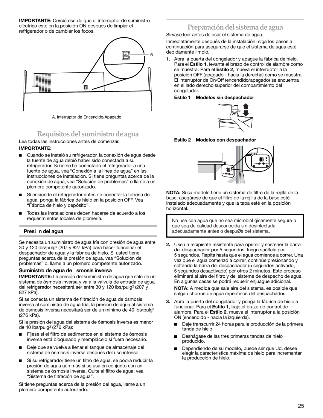 KitchenAid 2316571A manual Preparación delsistema de agua, Requisitosdel suministro de agua, Presión del agua, Importante 