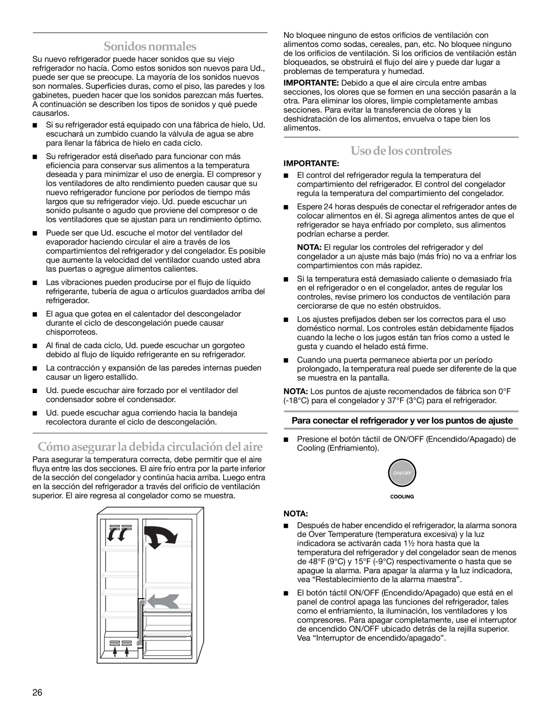 KitchenAid 2316571A manual Sonidosnormales, Cómoasegurar la debida circulación del aire, Usode los controles, Nota 