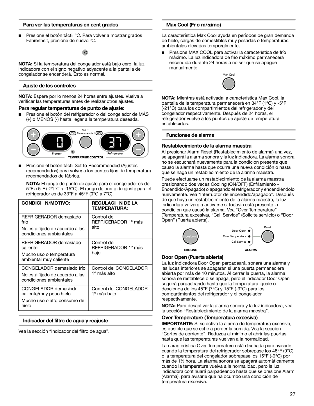 KitchenAid 2316571A manual Para ver las temperaturas en centígrados, Max Cool Frío máximo, Ajuste de los controles 