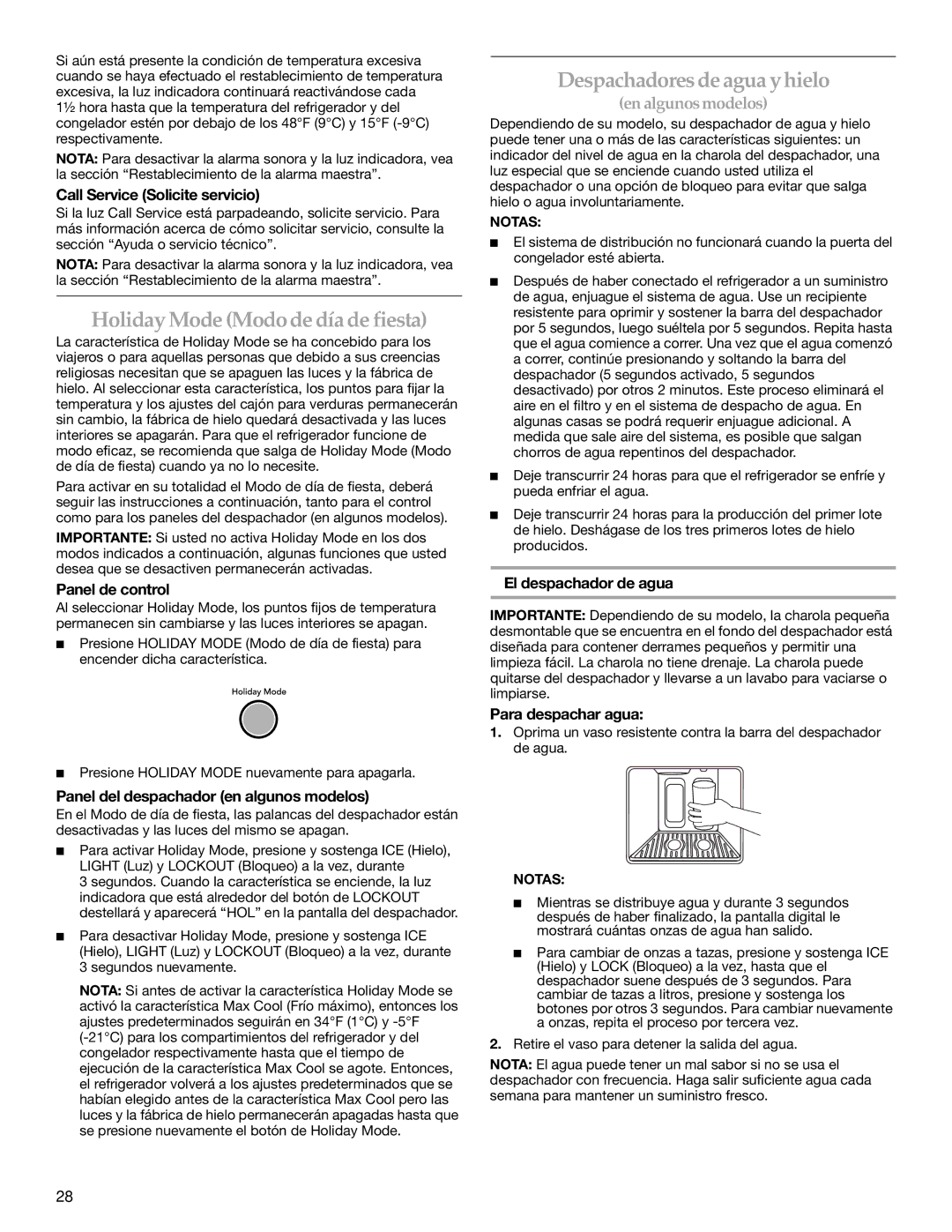 KitchenAid 2316571A manual Holiday Mode Modode día de fiesta, Despachadores de agua yhielo 