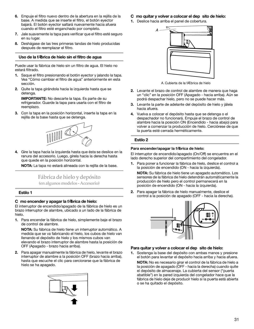 KitchenAid 2316571A manual Fábrica de hielo y depósito 