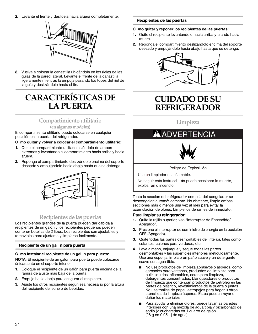 KitchenAid 2316571A manual Características DE LA Puerta, Cuidado DE SU Refrigerador, Compartimiento utilitario, Limpieza 