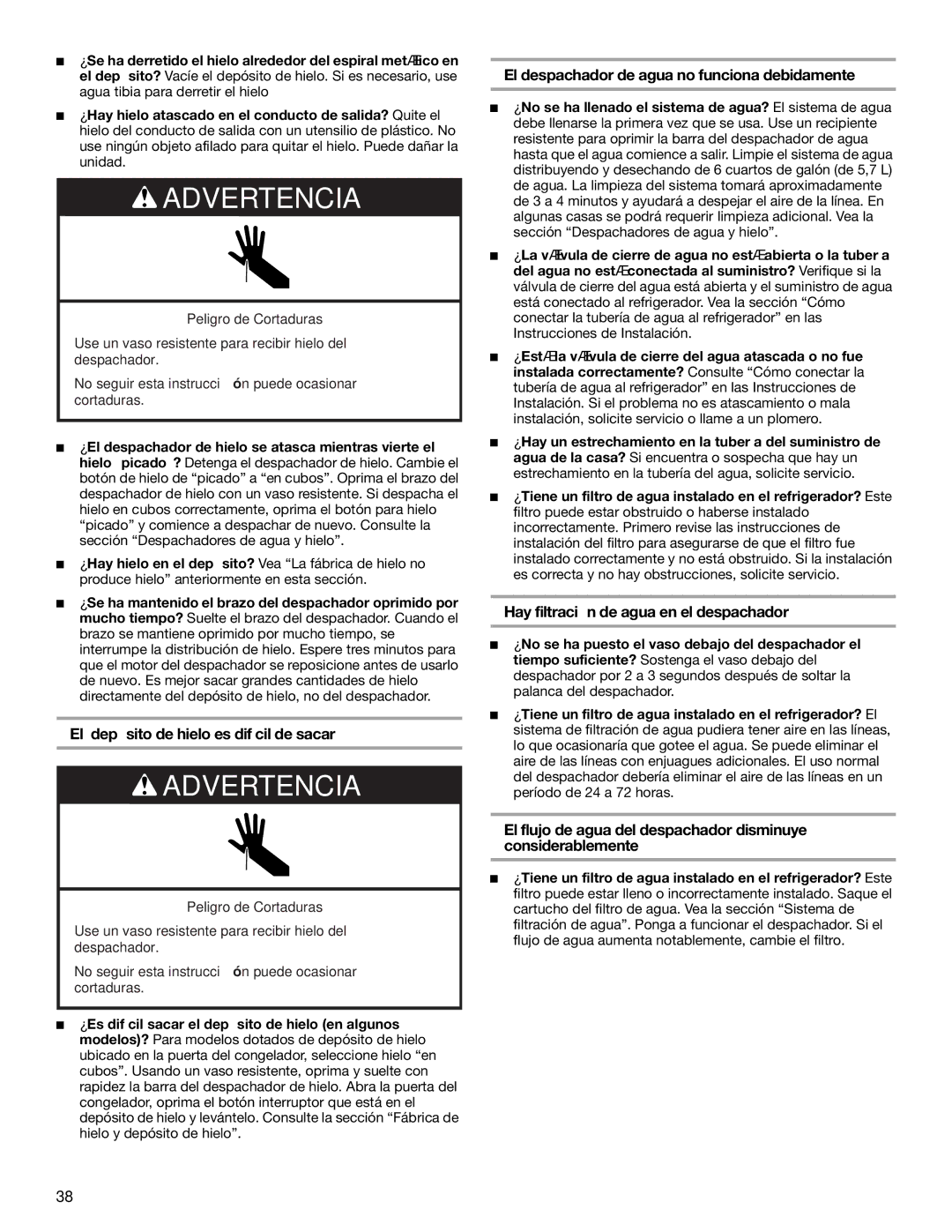 KitchenAid 2316571A manual El depósito de hielo es difícil de sacar, El despachador de agua no funciona debidamente 