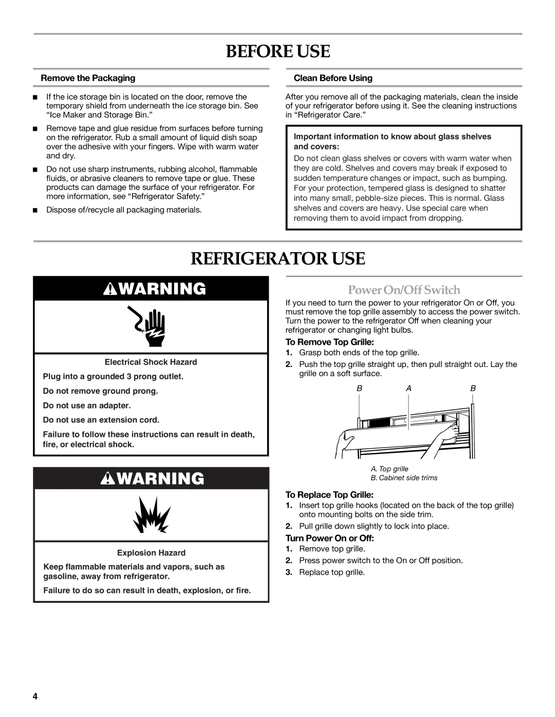 KitchenAid 2316571A manual Before USE, Refrigerator USE, PowerOn/Off Switch 