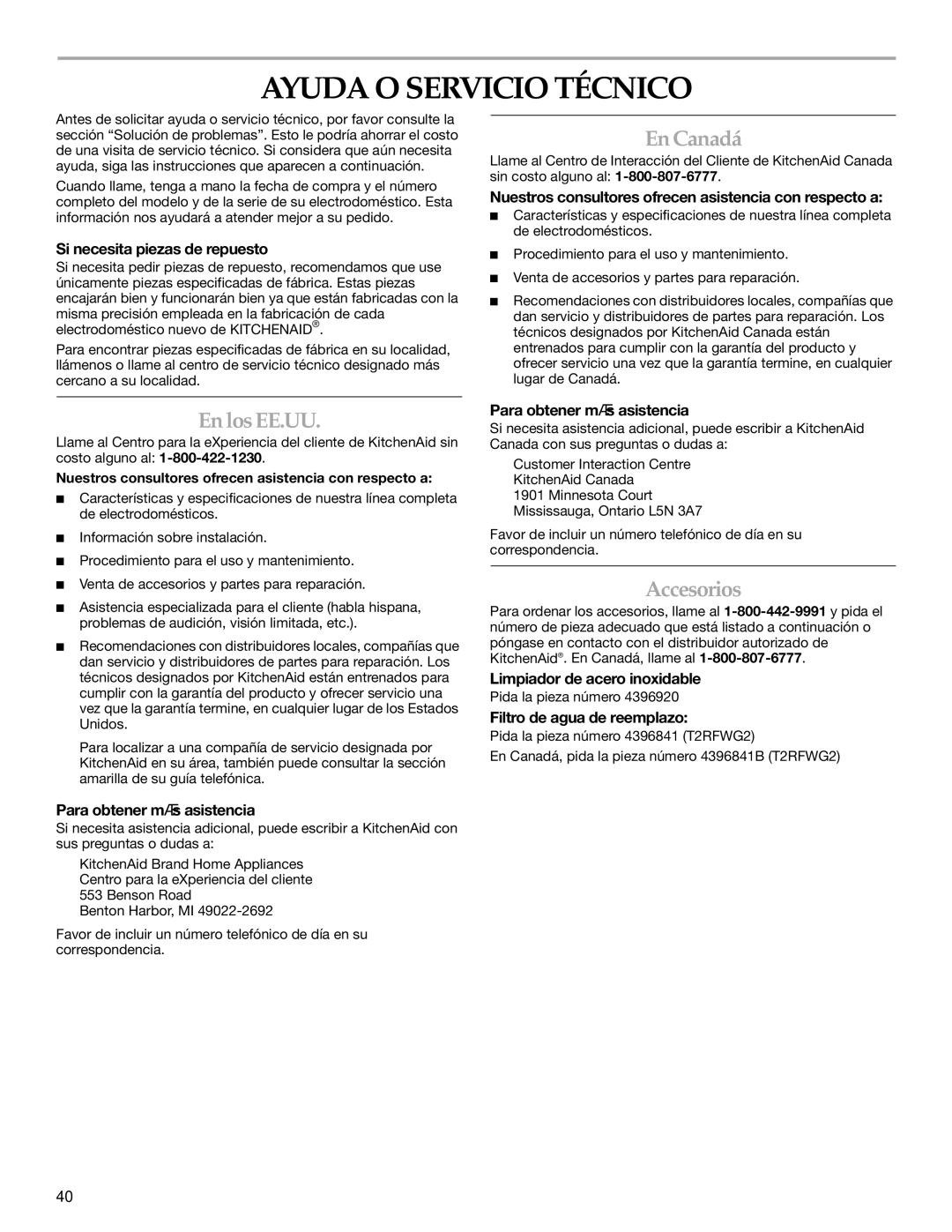 KitchenAid 2316571A manual Ayuda O Servicio Técnico, En Canadá, En los EE.UU, Accesorios 