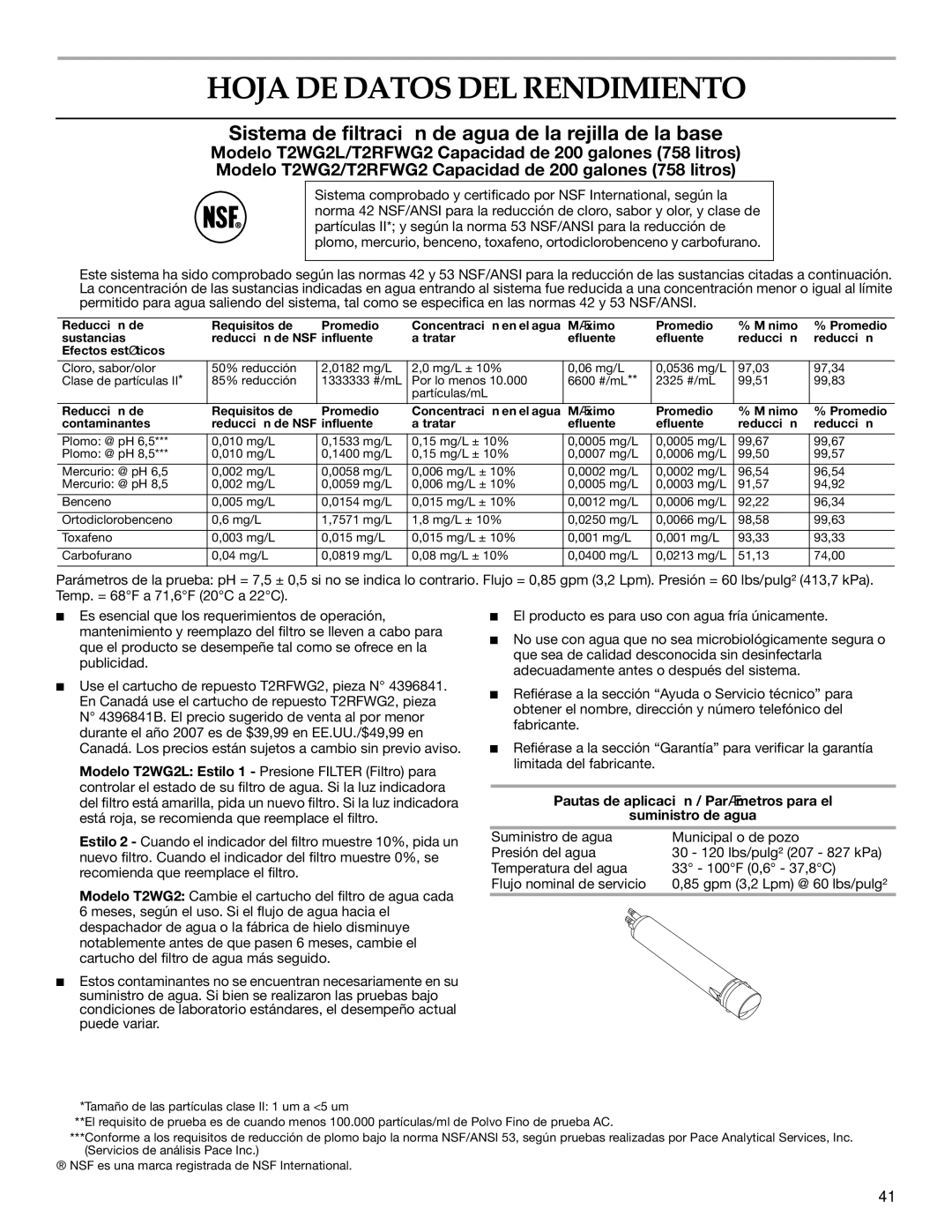 KitchenAid 2316571A manual Hoja DE Datos DEL Rendimiento, Pautas de aplicación / Parámetros para el Suministro de agua 