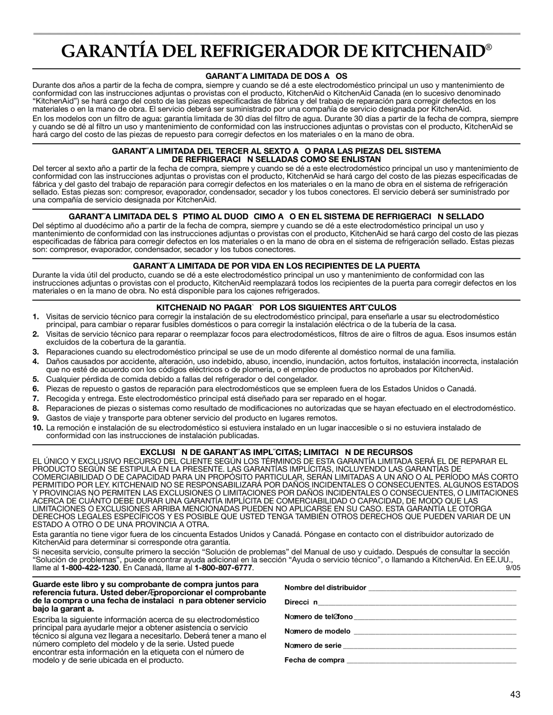 KitchenAid 2316571A manual Garantía DEL Refrigerador DE Kitchenaid, Garantía Limitada DE DOS Años 