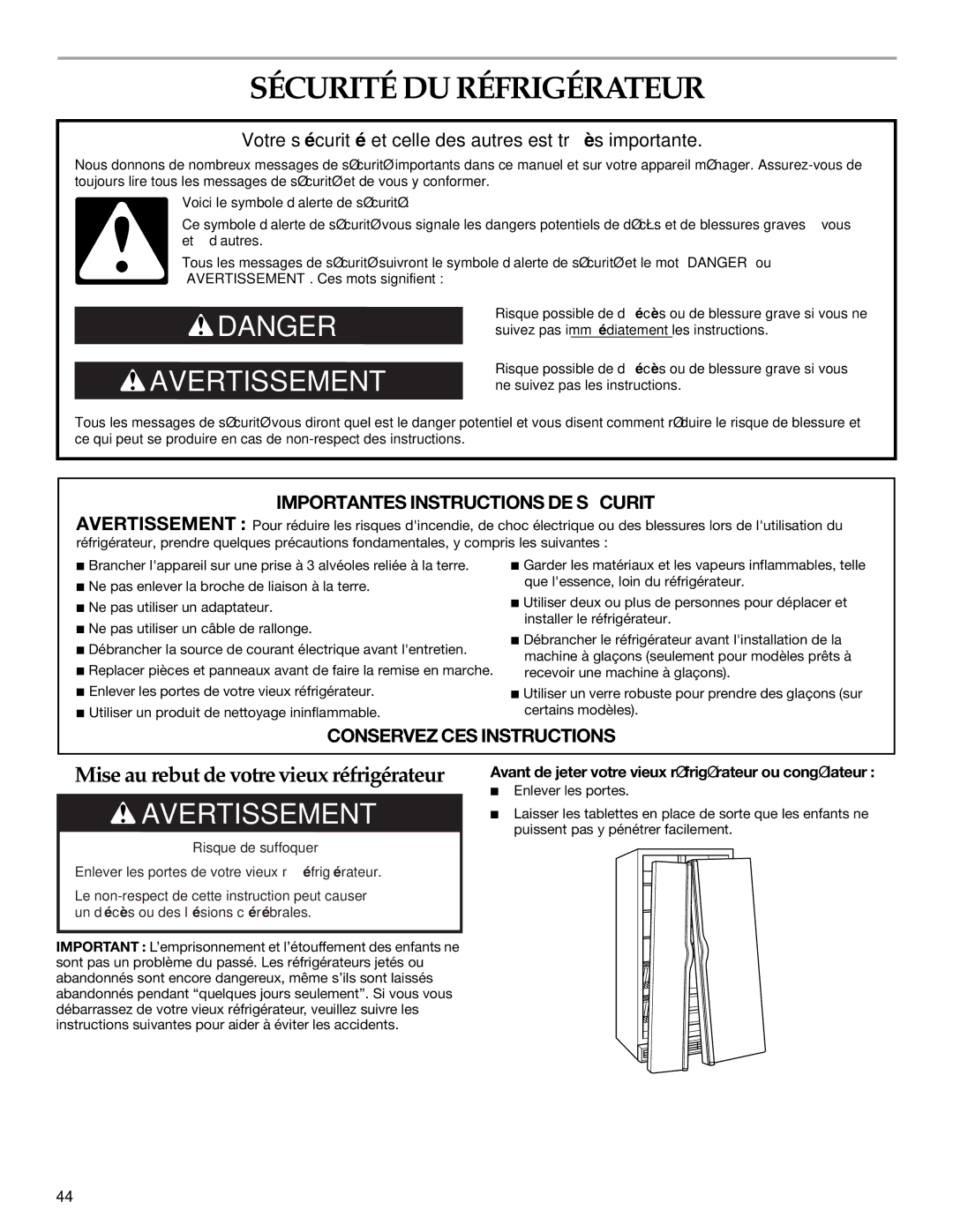 KitchenAid 2316571A manual Sécurité DU Réfrigérateur, Avant de jeter votre vieux réfrigérateur ou congélateur 