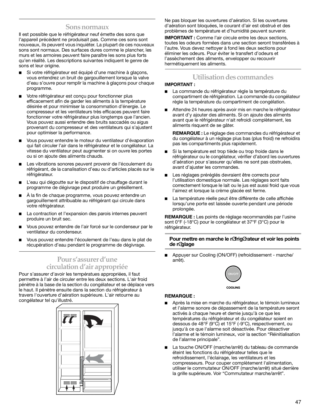 KitchenAid 2316571A Sonsnormaux, Pour s’assurer d’une Circulation d’air appropriée, Utilisation des commandes, Remarque 