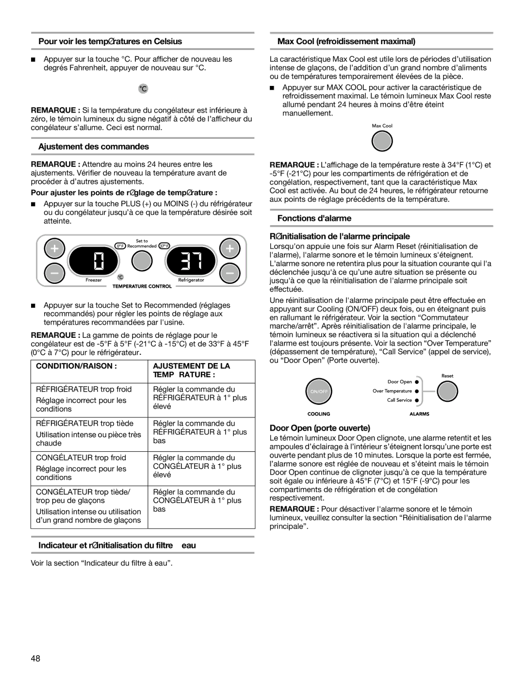 KitchenAid 2316571A Ajustement des commandes, Indicateur et réinitialisation du filtre à eau, Door Open porte ouverte 