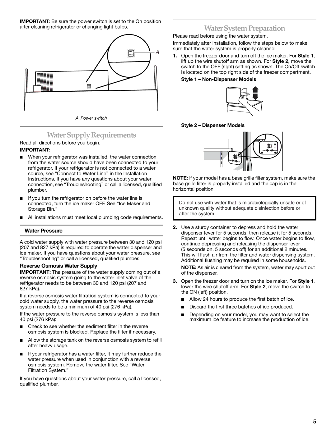 KitchenAid 2316571A Water Supply Requirements, Water System Preparation, Water Pressure, Reverse Osmosis Water Supply 