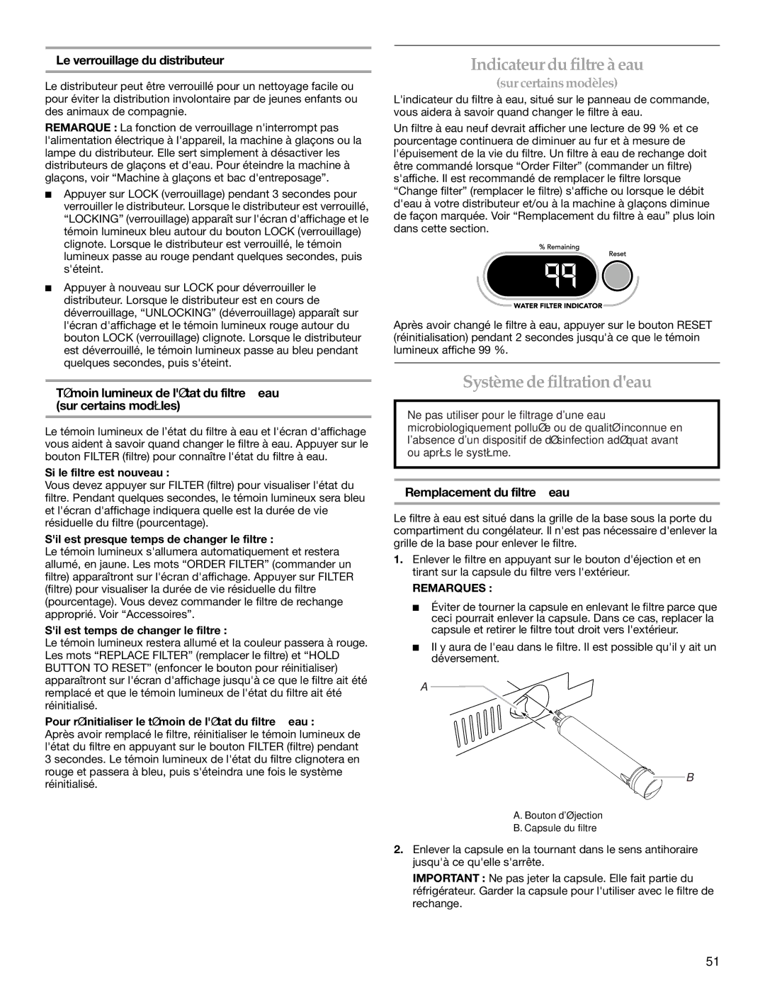 KitchenAid 2316571A manual Indicateur du filtre à eau, Système de filtration deau, Le verrouillage du distributeur 