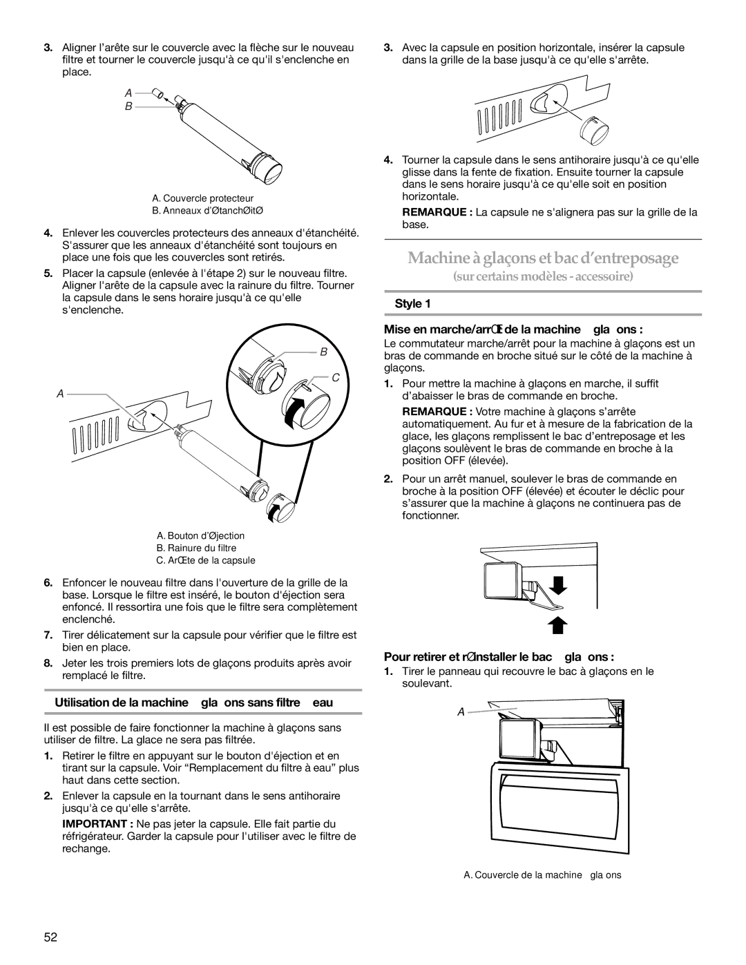 KitchenAid 2316571A manual Machineàglaçons et bacd’entreposage, Utilisation de la machine à glaçons sans filtre à eau 