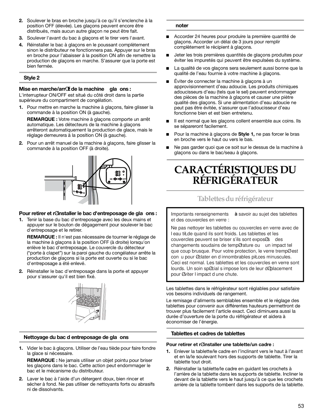 KitchenAid 2316571A manual Caractéristiques DU Réfrigérateur, Tablettesdu réfrigérateur, Tablettes et cadres de tablettes 