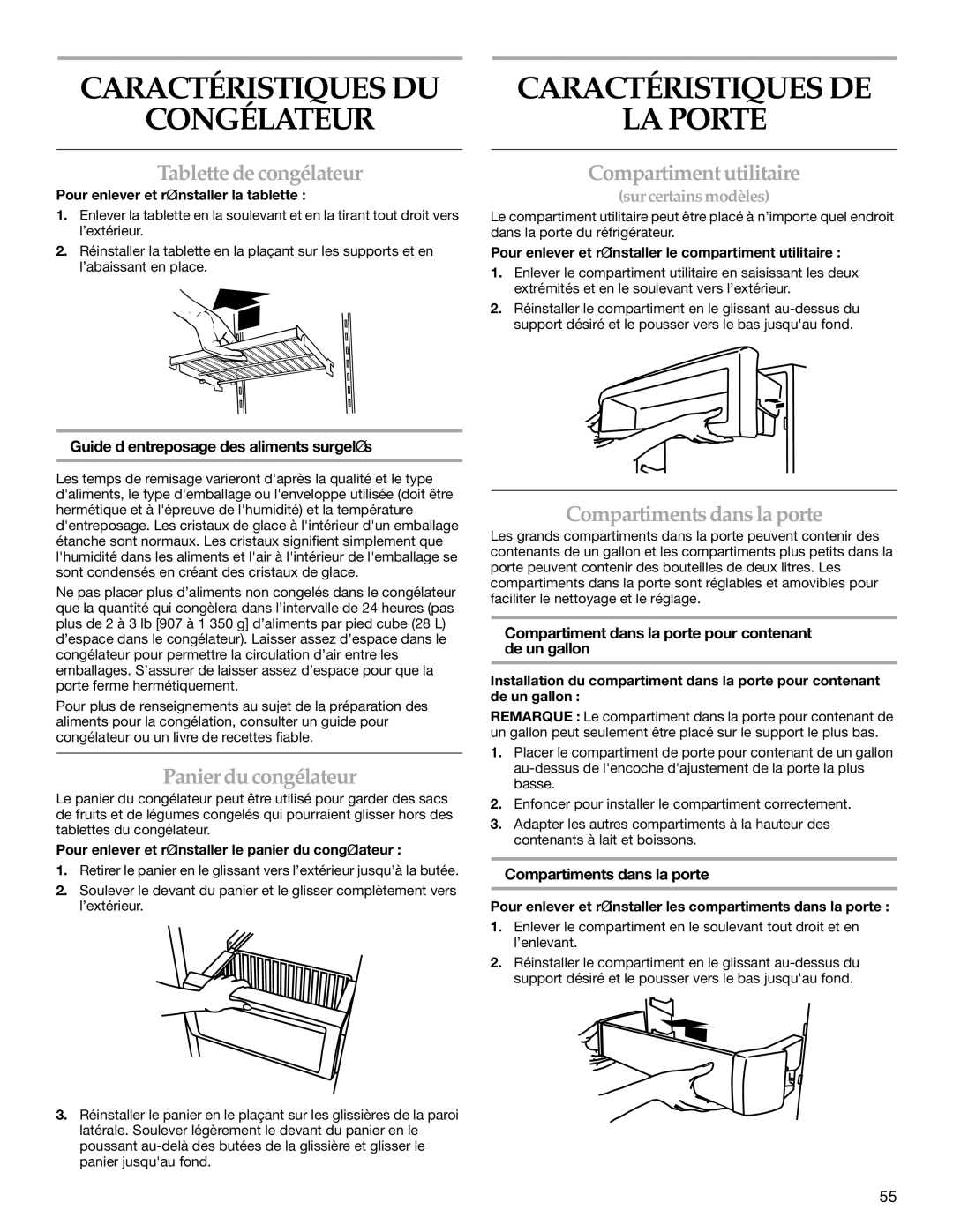 KitchenAid 2316571A manual Caractéristiques DU Congélateur, Caractéristiques DE LA Porte 