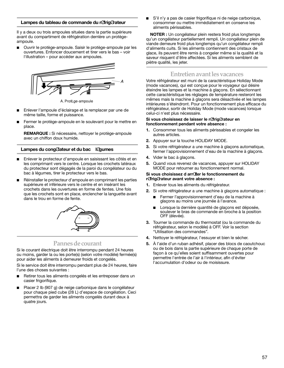 KitchenAid 2316571A manual Pannes de courant, Entretien avantlesvacances, Lampes du tableau de commande du réfrigérateur 