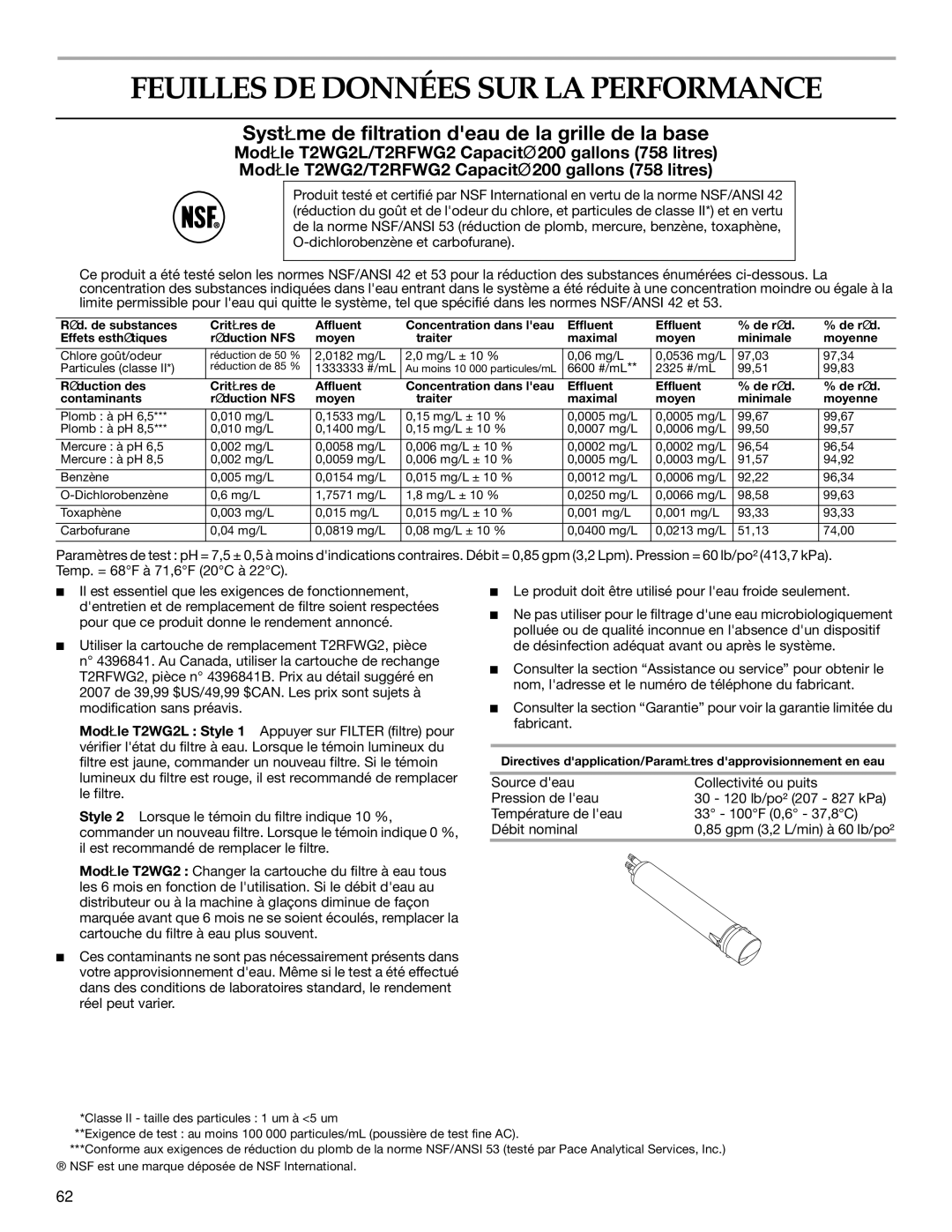 KitchenAid 2316571A manual Feuilles DE Données SUR LA Performance, Système de filtration deau de la grille de la base 