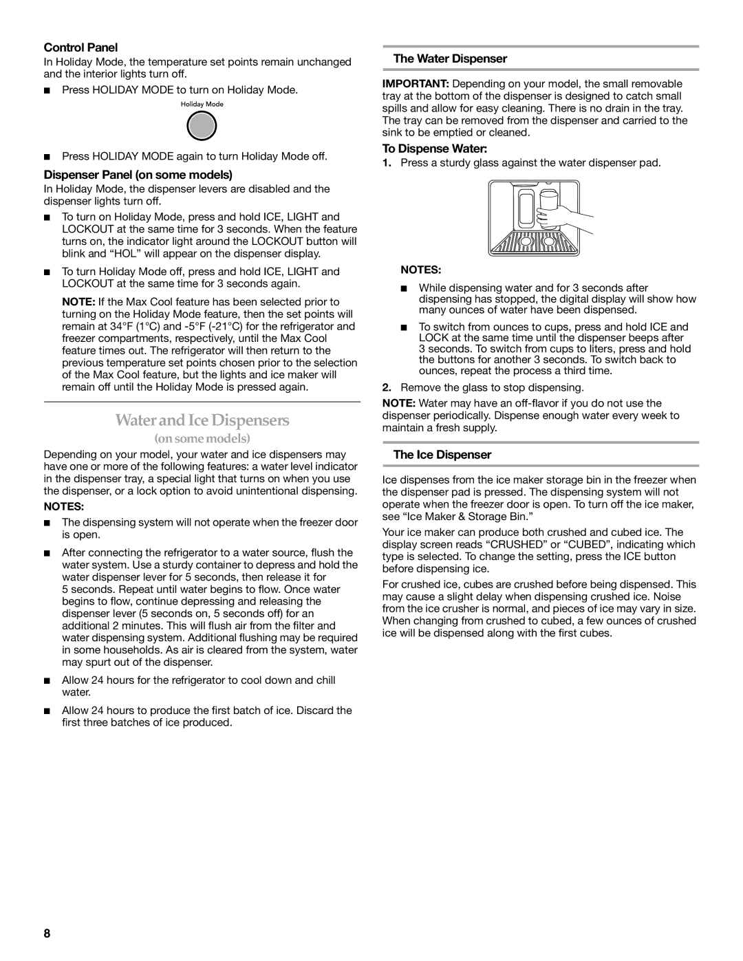 KitchenAid 2316571A manual Water and Ice Dispensers 