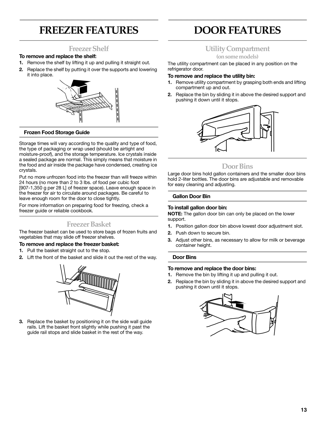 KitchenAid 2317086 manual Freezer Featuresdoor Features, Freezer Shelf, Freezer Basket, Utility Compartment, Door Bins 