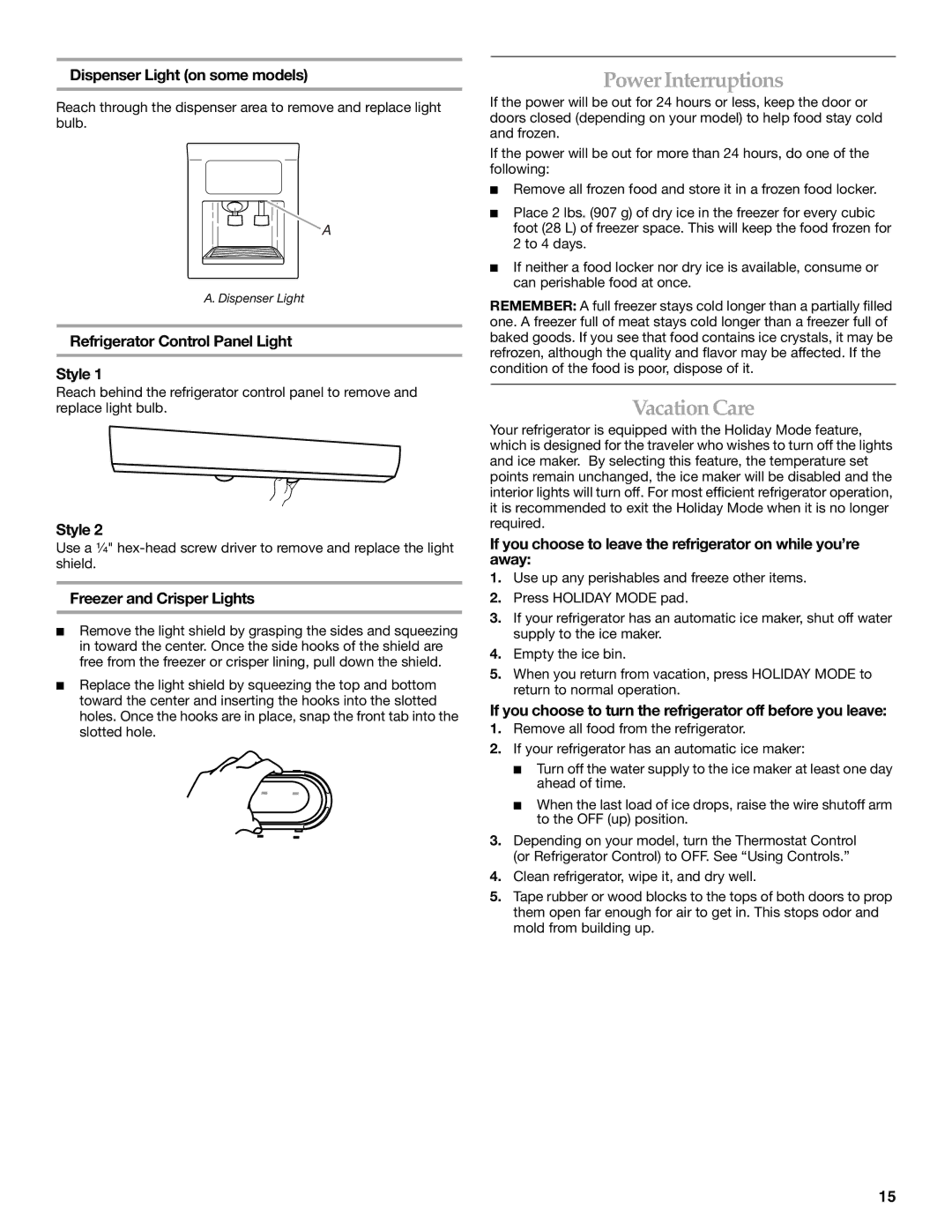 KitchenAid 2317086 manual Power Interruptions, Vacation Care 