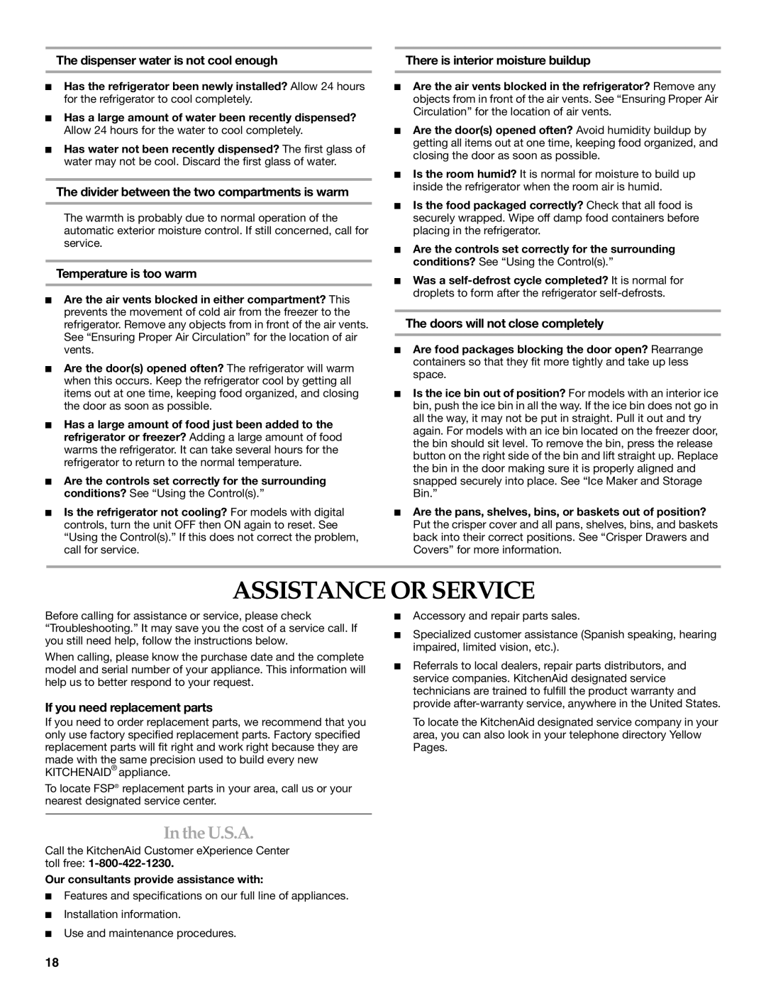 KitchenAid 2317086 manual Assistance or Service, U.S.A 