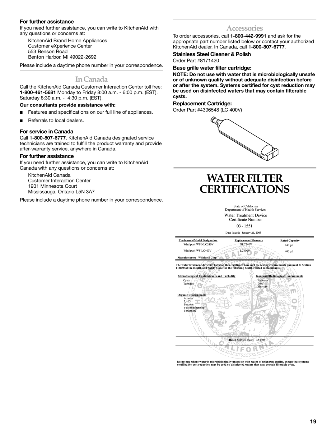 KitchenAid 2317086 manual Water Filter Certifications, Canada, Accessories 