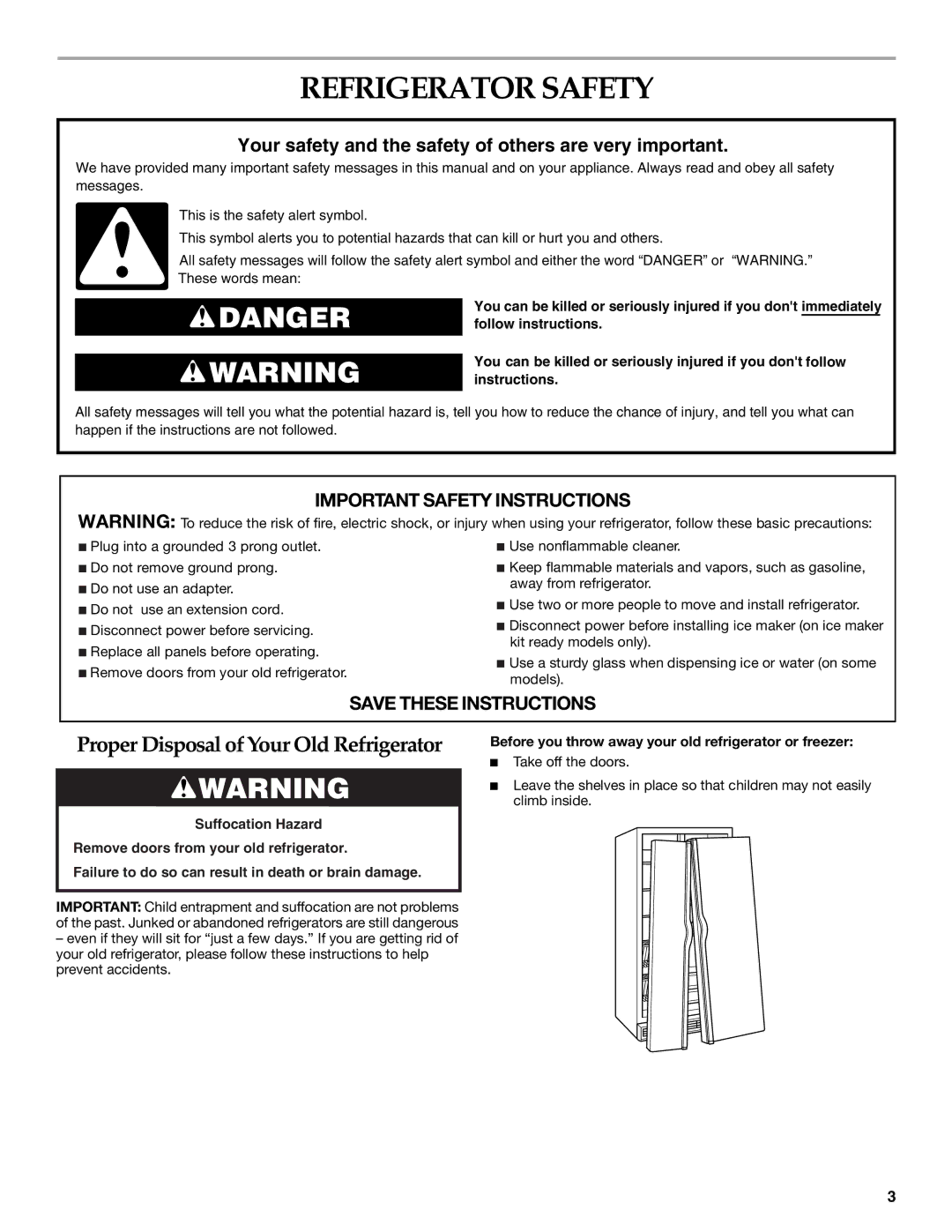 KitchenAid 2317086 manual Refrigerator Safety, Before you throw away your old refrigerator or freezer 