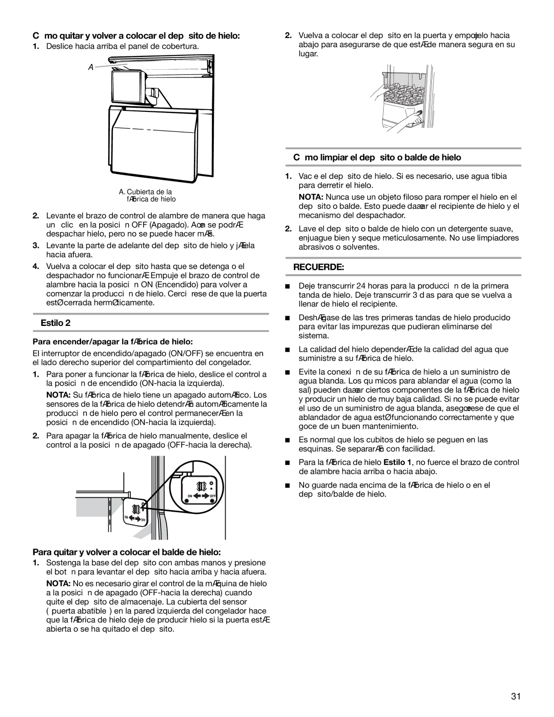 KitchenAid 2317086 Cómo quitar y volver a colocar el depósito de hielo, Estilo, Cómo limpiar el depósito o balde de hielo 