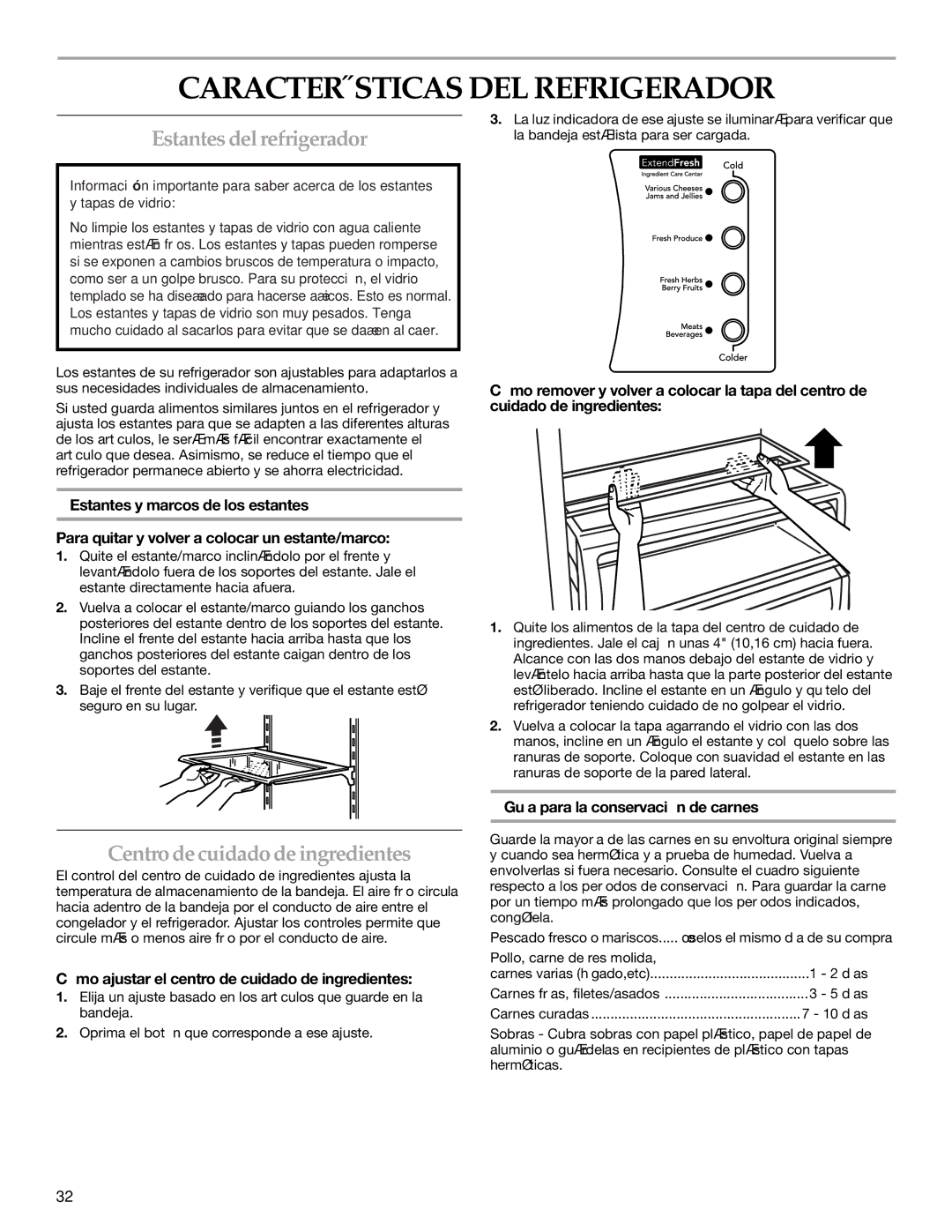 KitchenAid 2317086 manual Características DEL Refrigerador, Estantes del refrigerador, Centro de cuidado de ingredientes 